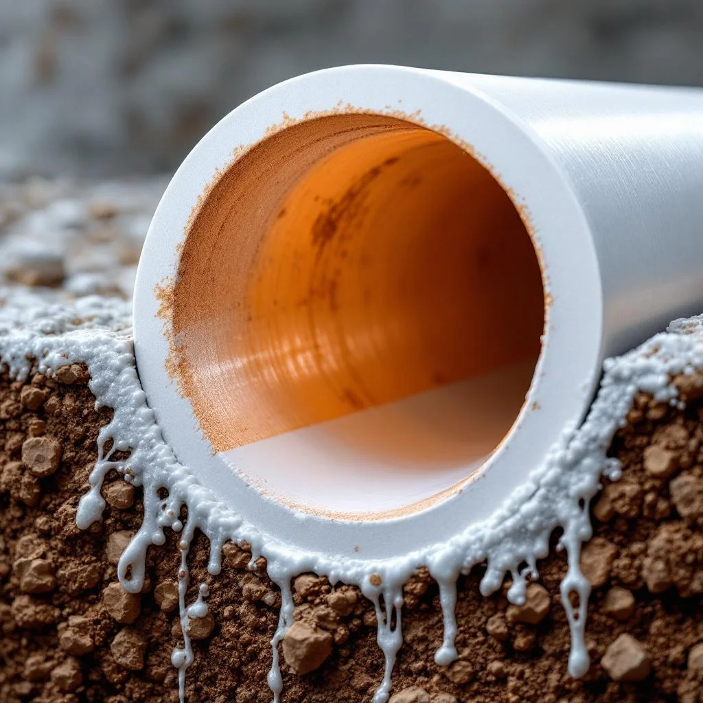 Epoxy resin-coated liner being pulled through the inside of an old clay pipe, liner glistening with wet resin, atmospheric documentary lighting