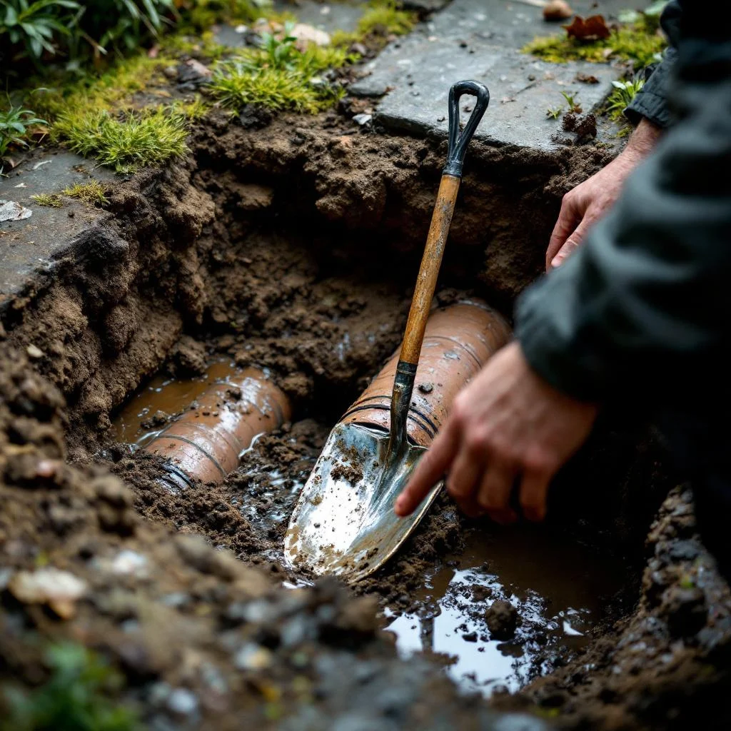 Open excavation pit in a small London garden with a section of old clay drain pipe exposed, shovel resting nearby, overcast daylight, documentary style
