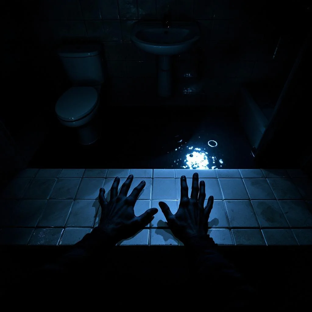 Dark London residential bathroom lit only by the beam of a handheld torch, glinting on a small pool of water on the floor tiles, dramatic and moody