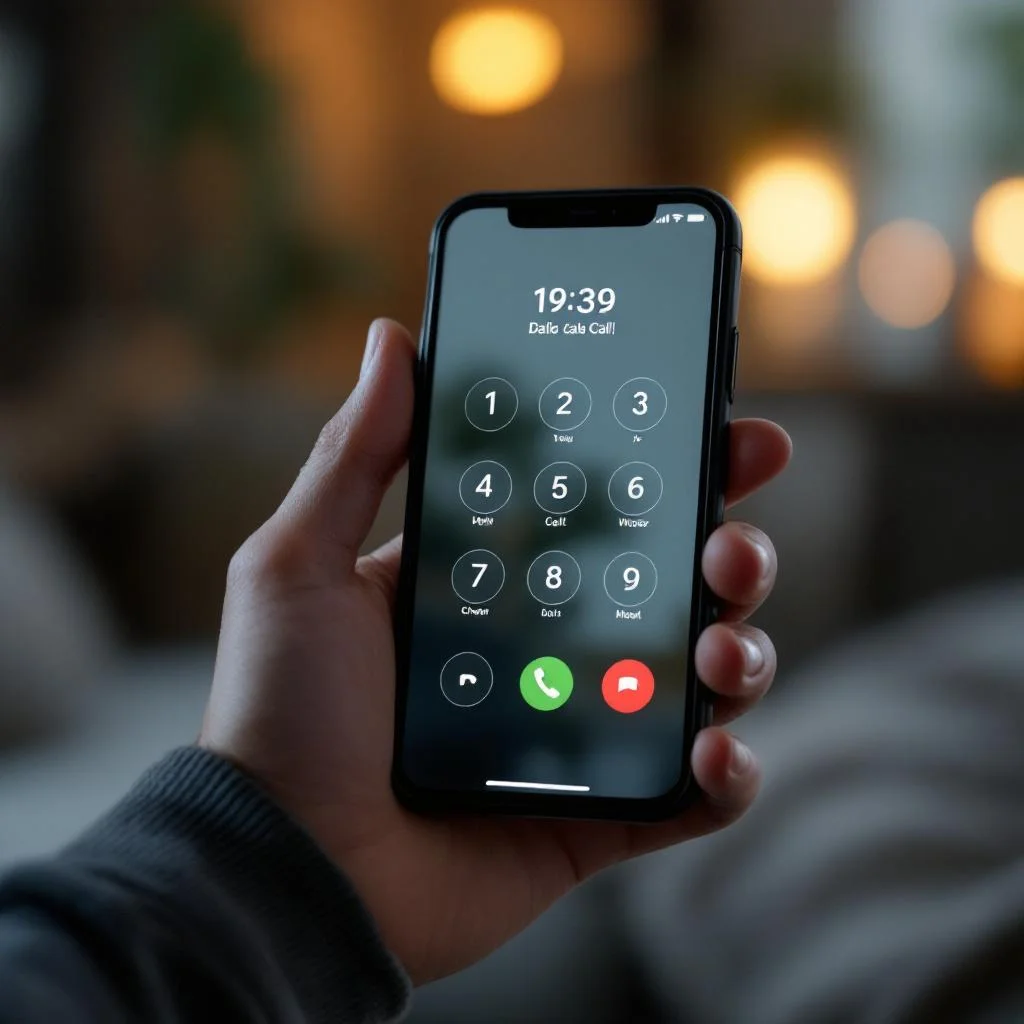 Hand holding a smartphone with a generic dark-screen dialler pad visible, in a dimly lit room, shallow depth of field, warm ambient light