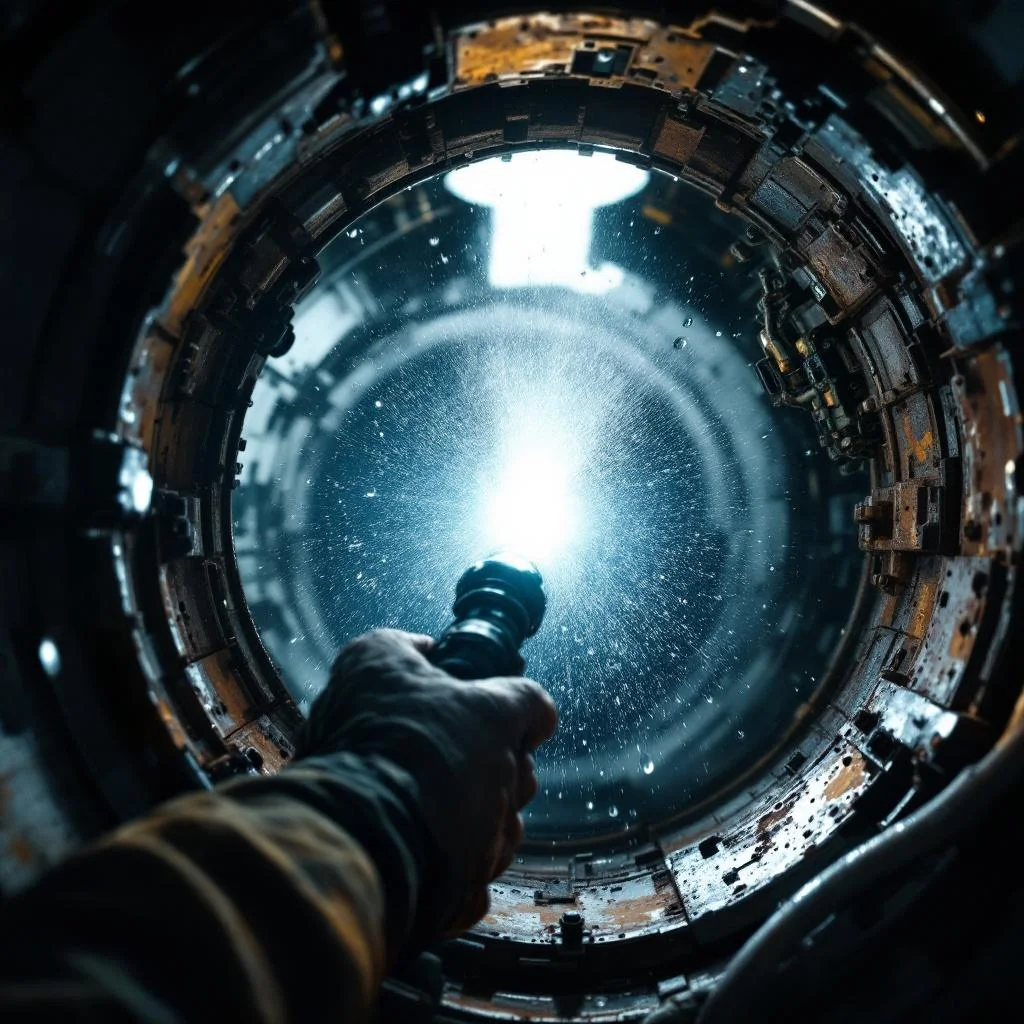 Torch beam illuminating an open inspection chamber at night, faint mist of condensation rising, atmospheric dramatic side-lighting
