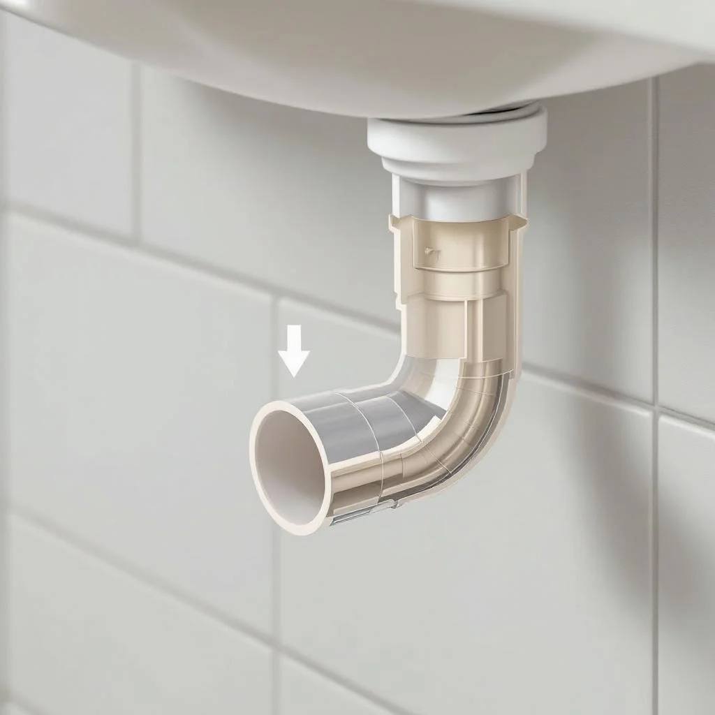 Dry bathroom sink U-bend P-trap pipe cut-away cross-section showing a completely empty trap with no water seal, clean studio light, diagram-like but photorealistic