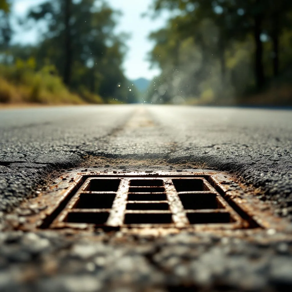 Heat haze rising from a tarmac road above a metal drain grate, wide-aperture long lens compression effect, strong summer light, no logos or text