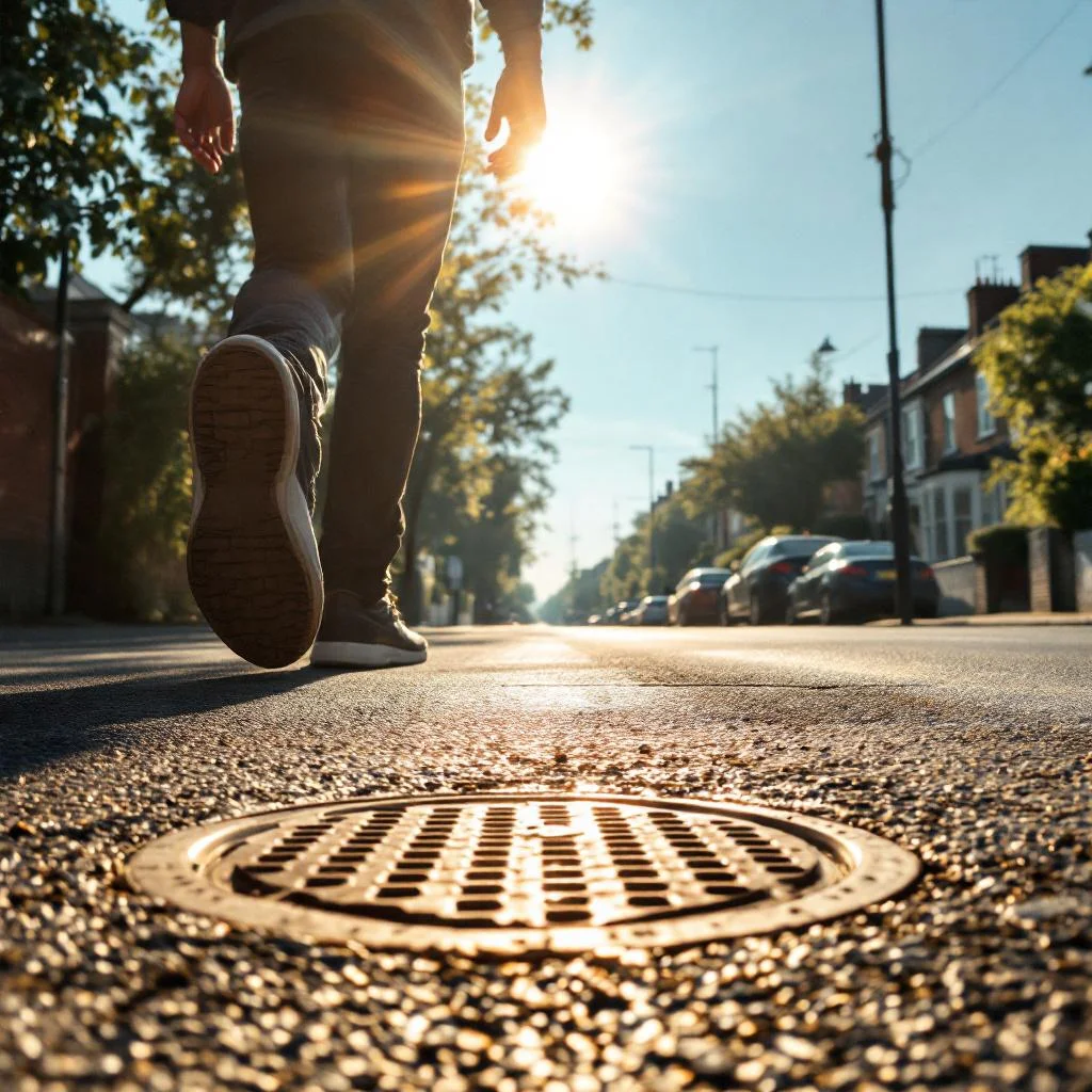Quiet London residential street baked in hot summer sun, heat haze shimmering above the tarmac, a drain cover in the foreground, strong midday light with hard shadows