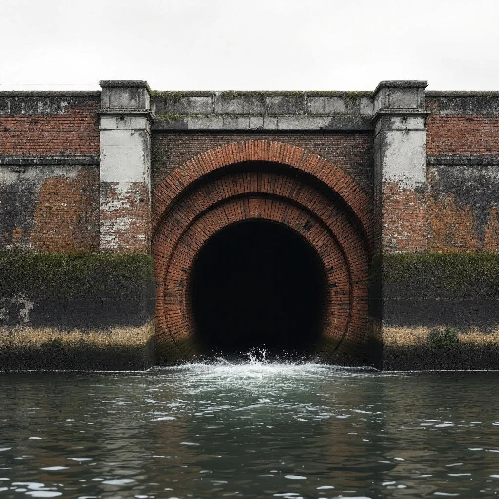 River Thames at low tide showing a large mouth of a Victorian storm overflow sewer emerging from the embankment wall, moody overcast light, documentary and cinematic