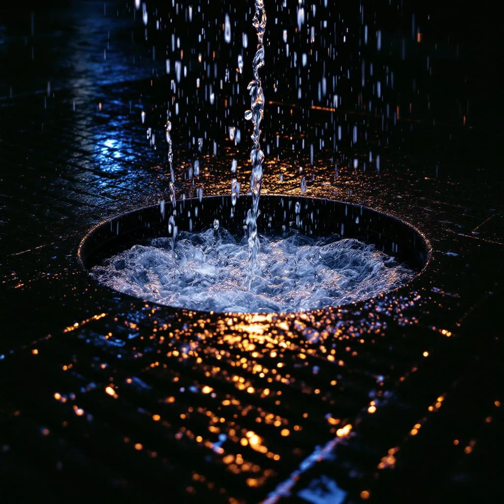 Heavy rain hitting a street-level gully drain at night, water pouring through the grate, streetlight reflecting on the wet surface, low-light documentary style
