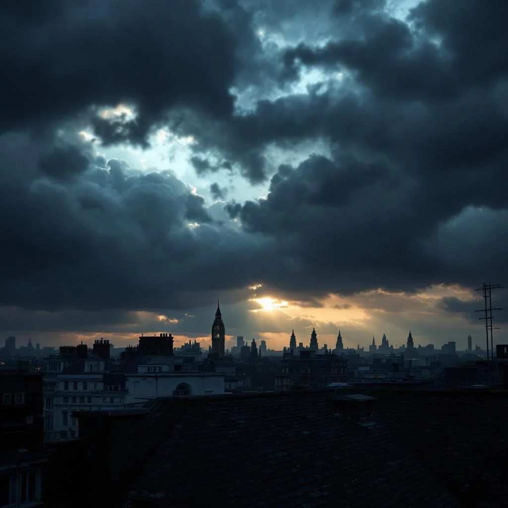 Heavy dark storm clouds gathering over a London rooftop skyline, last shafts of pale evening light breaking through, moody atmospheric and cinematic