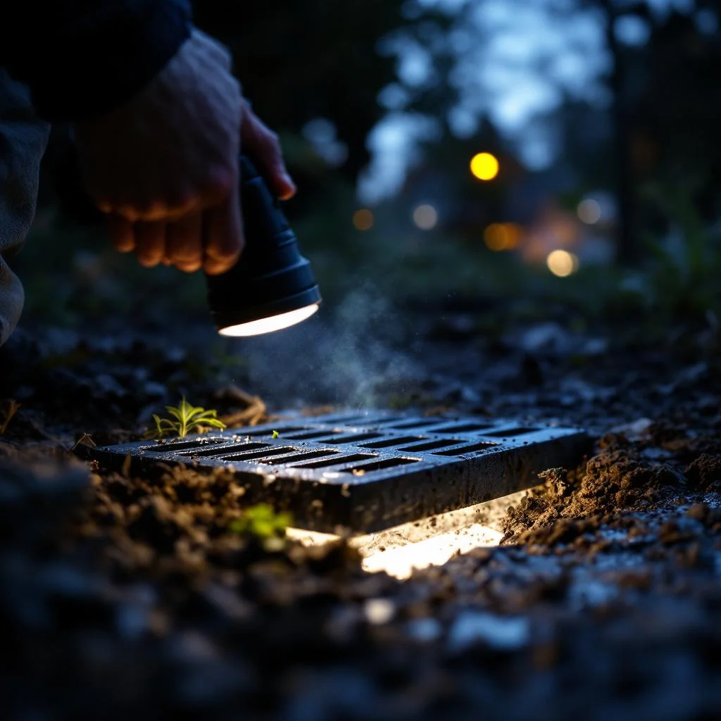 Torch held at an angle illuminating a rear garden drainage grate being checked before a storm, person not visible, dusk light, shallow depth of field, no logos or text