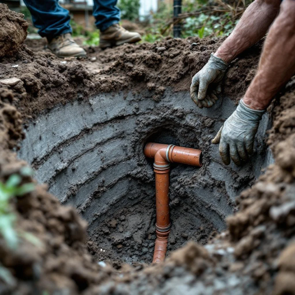 London garden excavation pit with blue-grey clay soil and cracked terracotta drain pipe exposed at depth