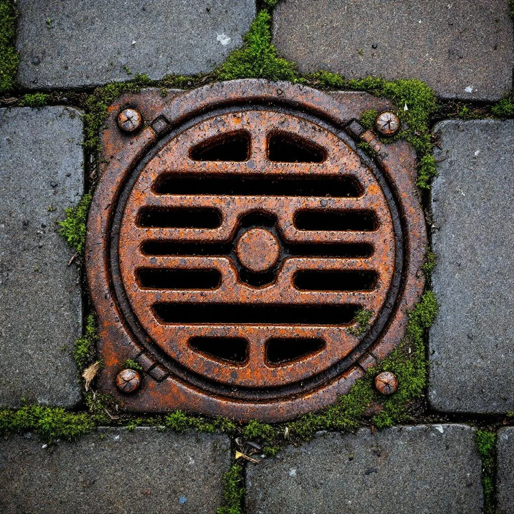 Close-up of an old cast-iron drain grate set into damp paving stone with moss around the edge, overcast daylight, overhead angle