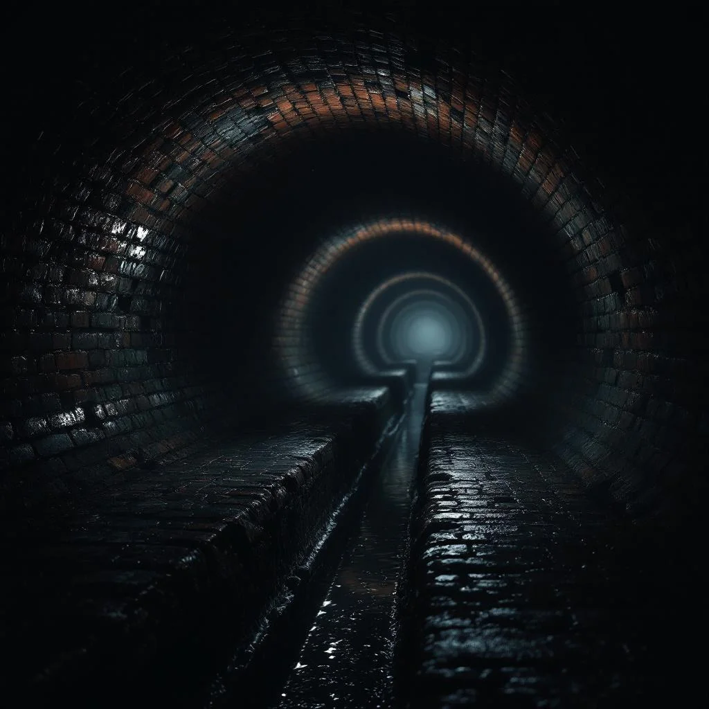 Inside of a brick Victorian sewer tunnel, dimly lit with moisture glistening on the walls and a trickle of water in the invert channel, atmospheric, no people or animals