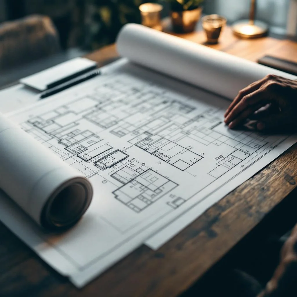 Technical architectural drawing unrolled on a wooden desk, shallow depth of field, warm desk-lamp light, details blurred and illegible