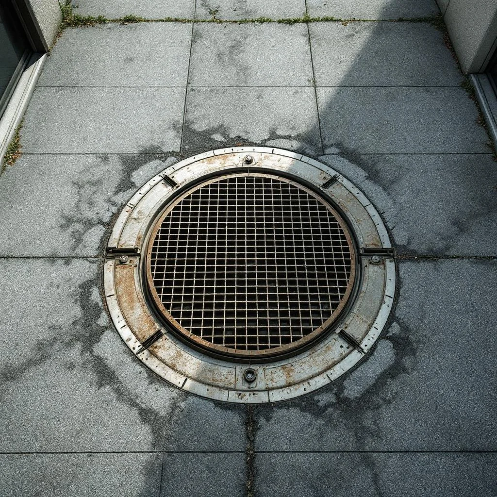 Inspection chamber cover embedded in the path between two modern riverside apartment blocks, overhead angle, overcast daylight