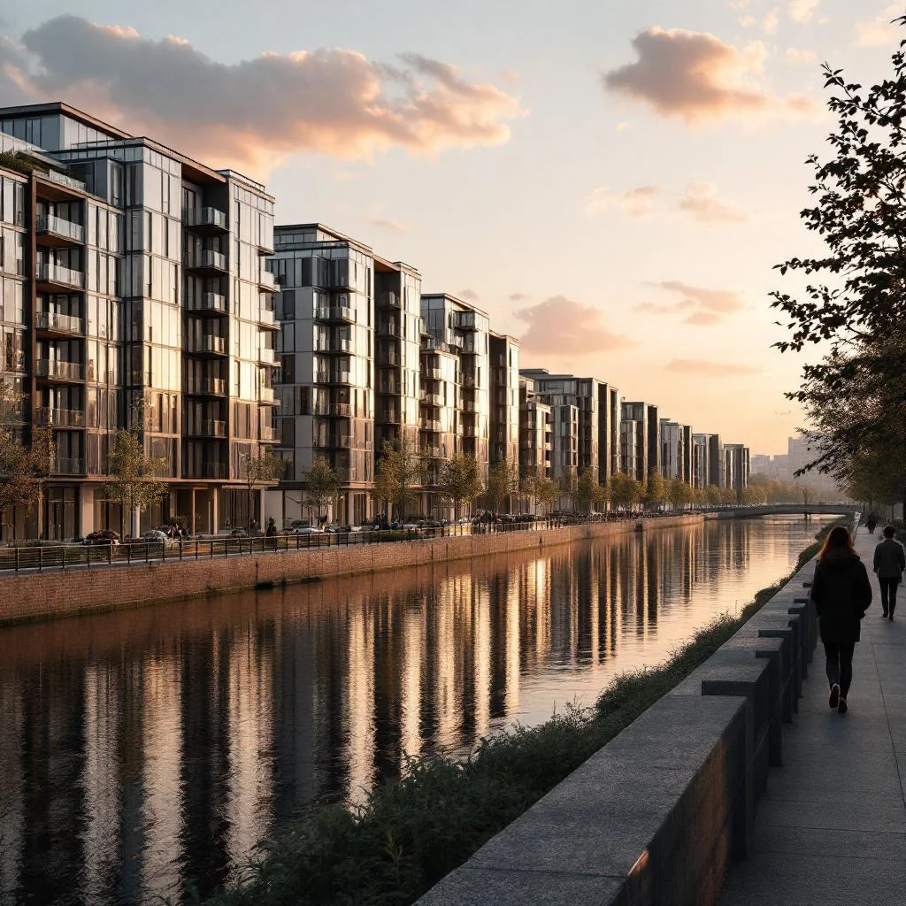 Modern Thames-side apartment blocks in Wandsworth viewed from a riverside walkway at golden hour, Thames water reflecting the buildings in the foreground