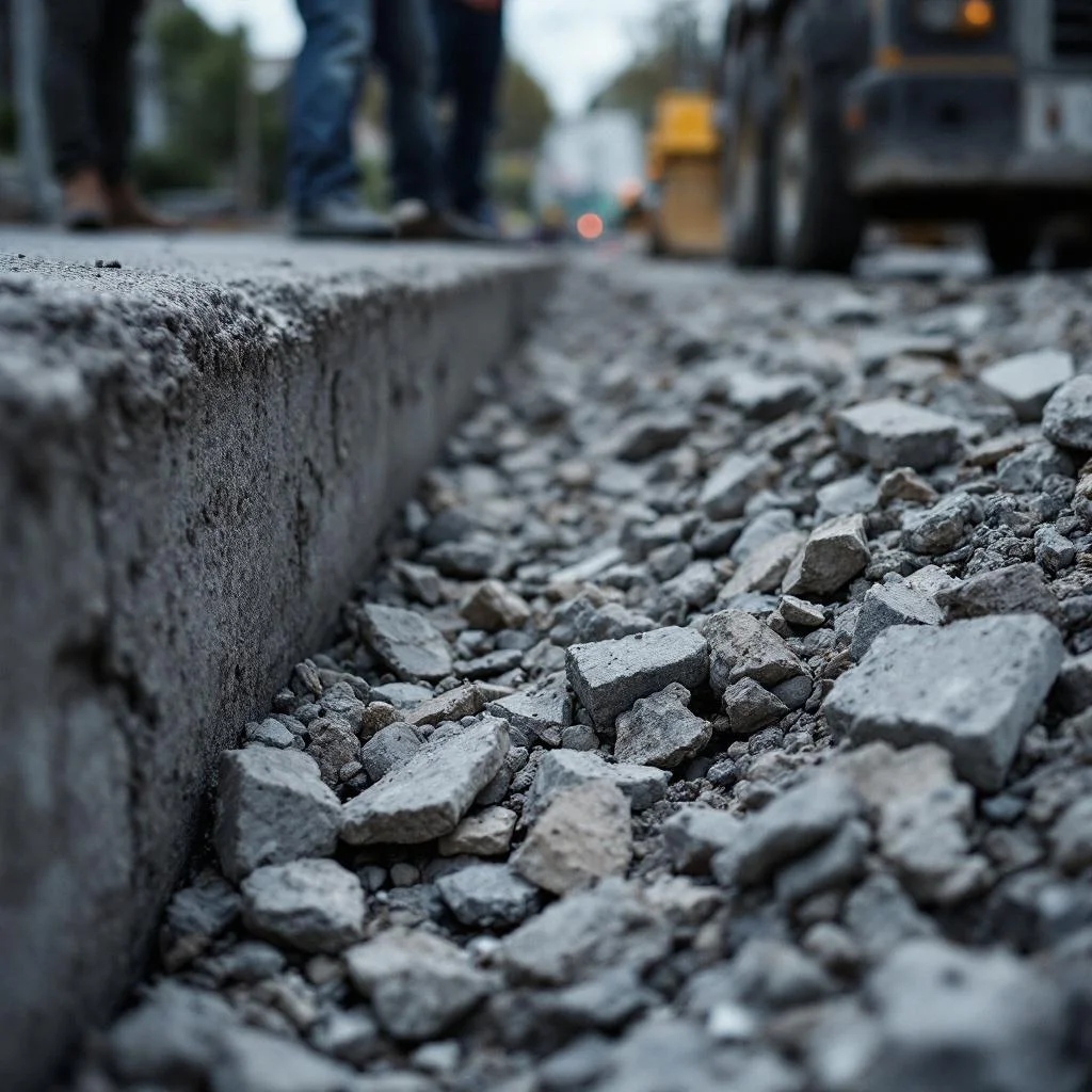 Construction debris and small chunks of concrete gathered at the edge of a street drain gully, documentary style, overcast light, close angle