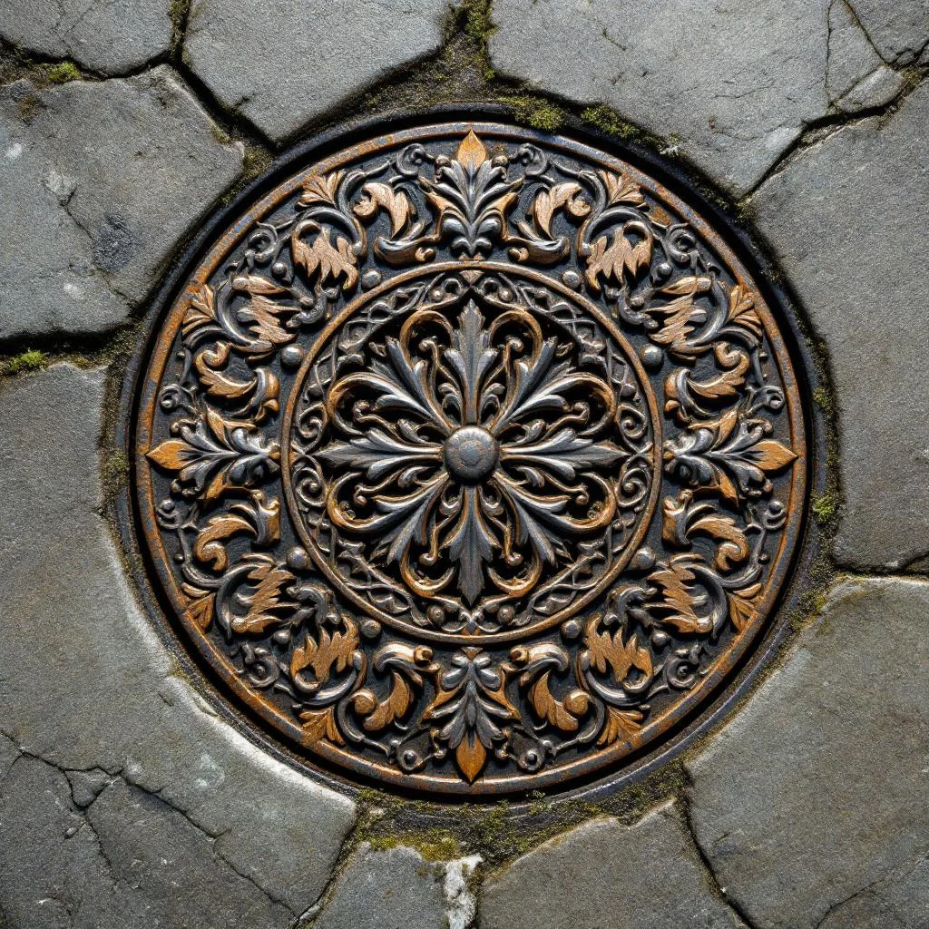 Victorian cast-iron ornate drain cover set into stone pavement outside a grand Georgian terrace, overhead angle, natural daylight, no readable text