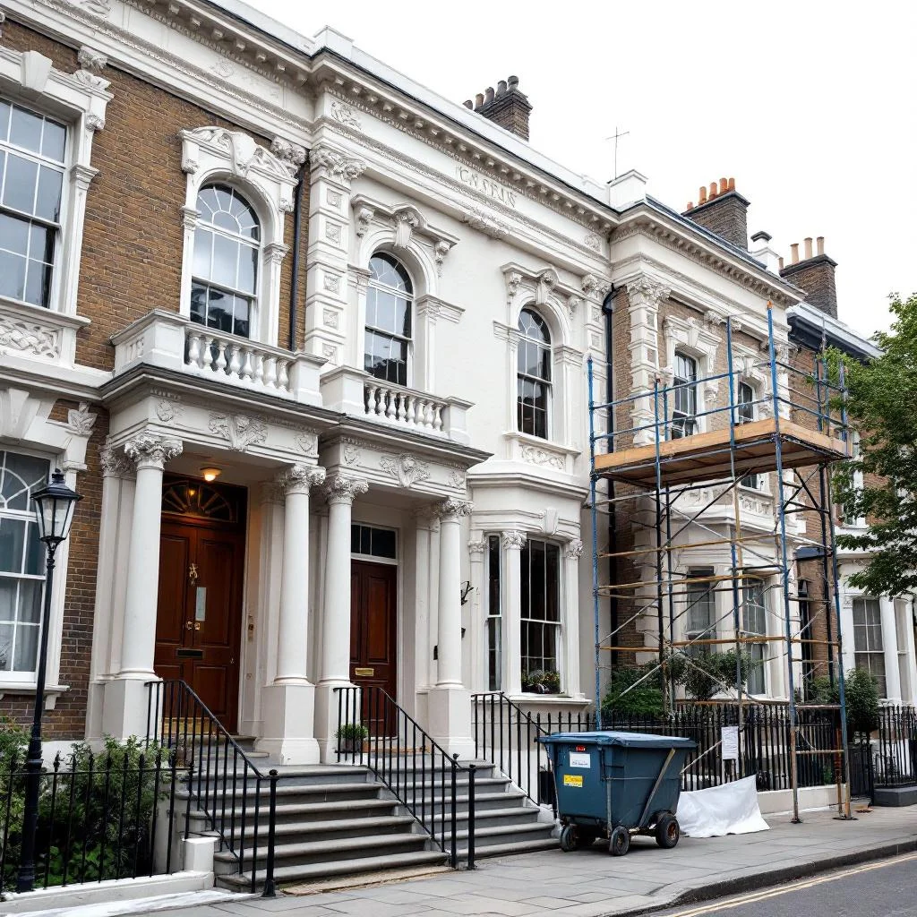 Elegant Georgian stucco-fronted Westminster townhouse with railings and scaffolding outside for building works, overcast soft daylight