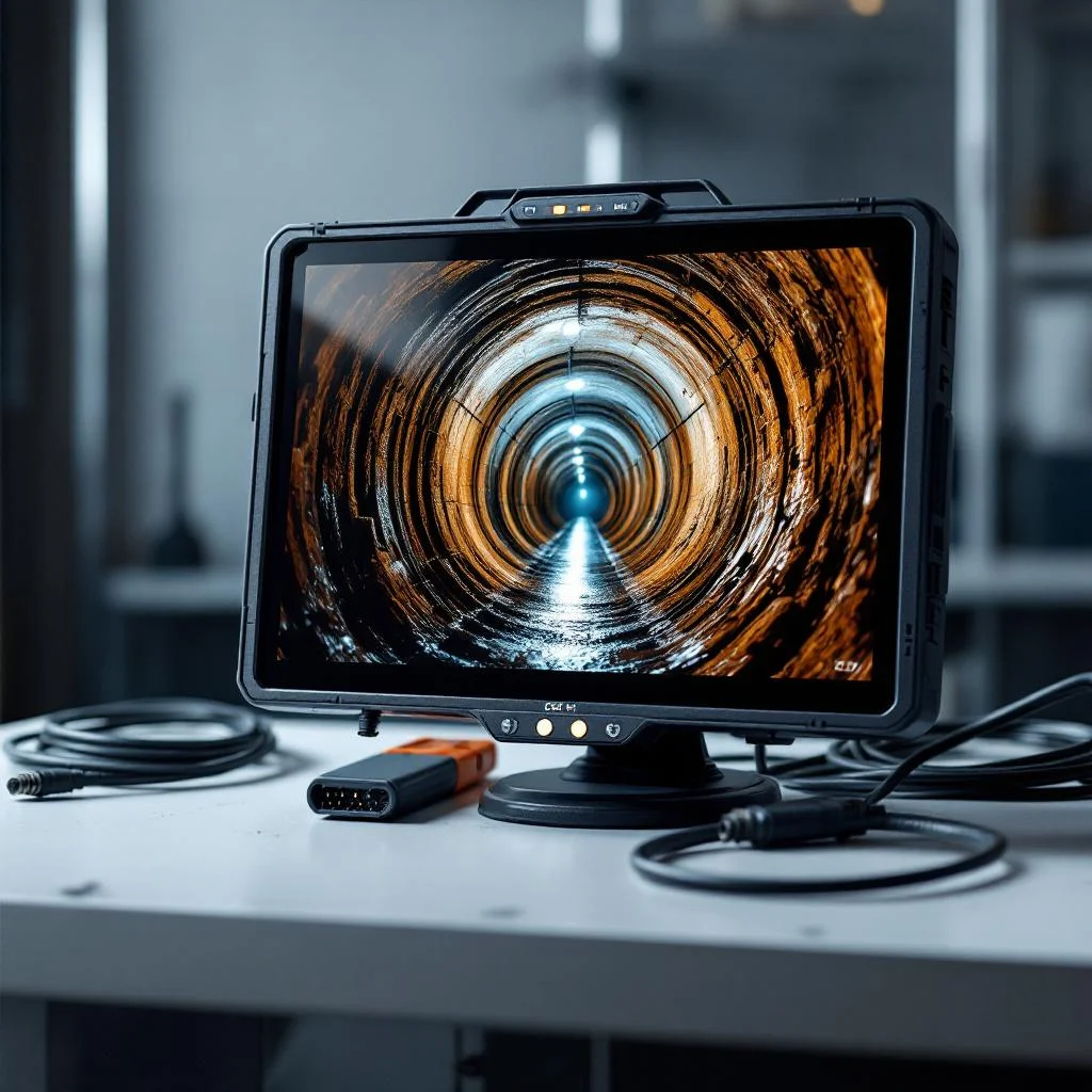 Portable CCTV drain survey monitor showing an atmospheric interior pipe view set on a clean workbench with a coiled cable, soft studio light