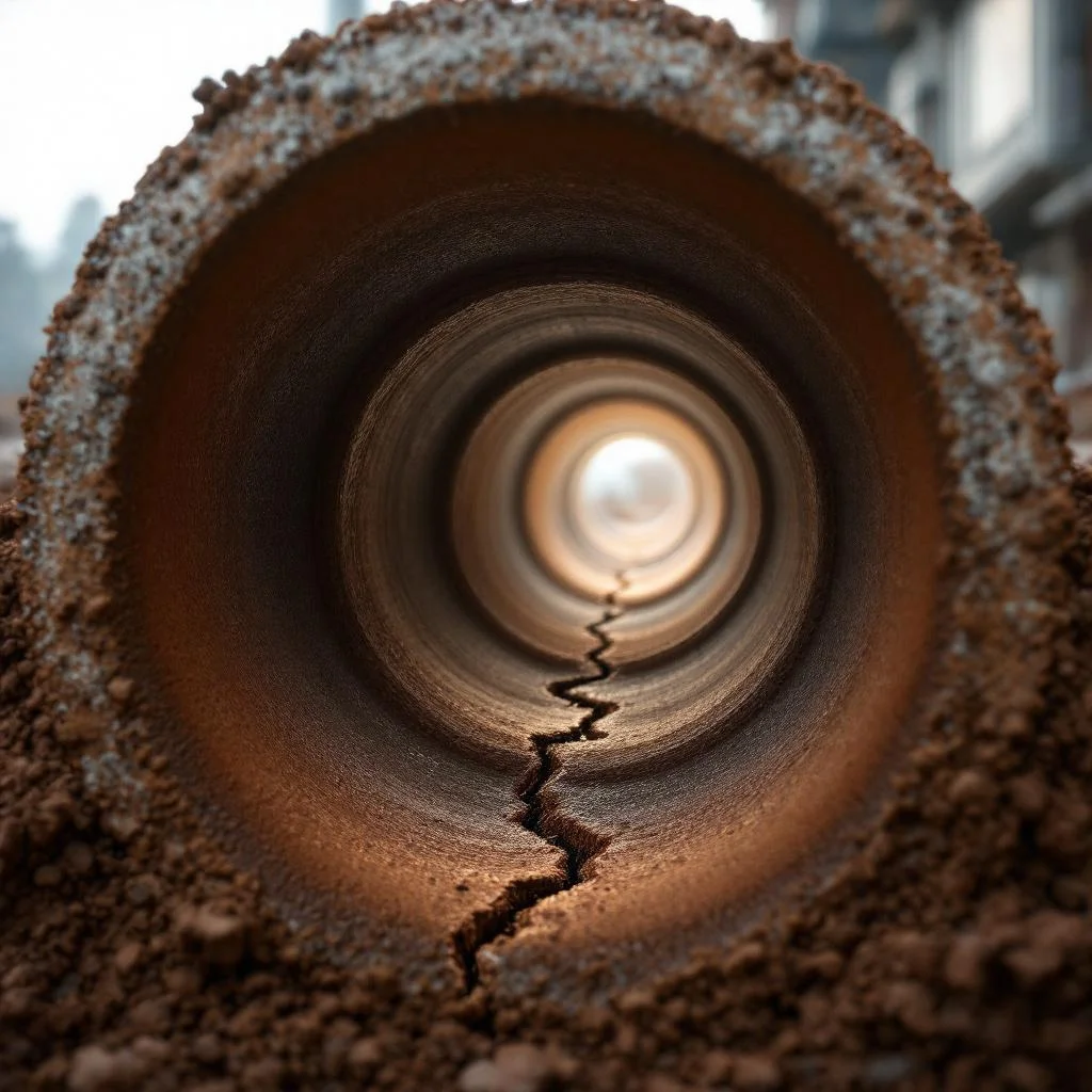 Clay drain pipe interior showing a fracture and offset joint with daylight visible at the far end, atmospheric lighting as if from a survey camera