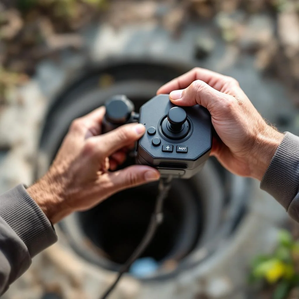 Hands controlling a small CCTV drain survey handset with a joystick, generic and unbranded equipment, soft daylight, documentary style