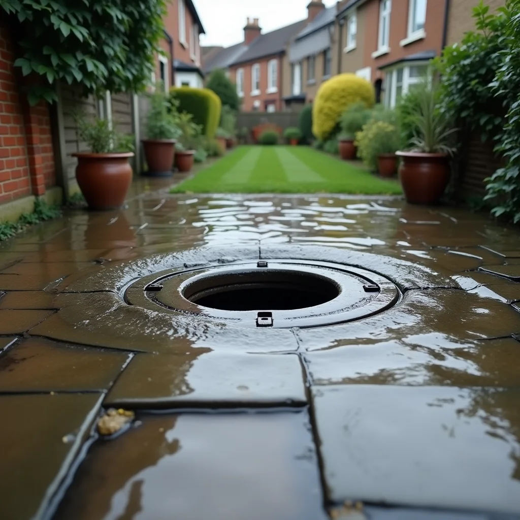 London back garden with water overflowing from a raised drain inspection chamber — a drain emergency situation