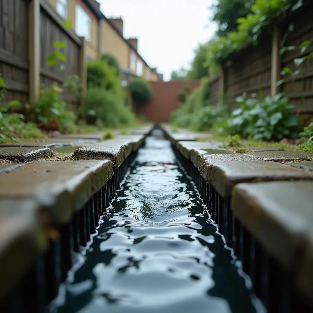 Clean outdoor drain inspection chamber with clear water flowing freely through the channel in a well-maintained London Victorian back garden, after professional clearing