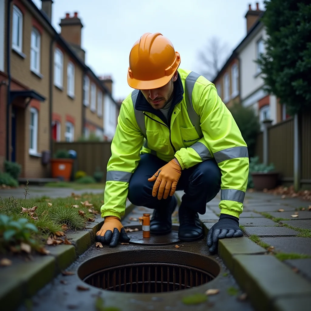 Professional drainage engineer in hi-vis workwear inspecting an outdoor drain gully in a London back garden during winter