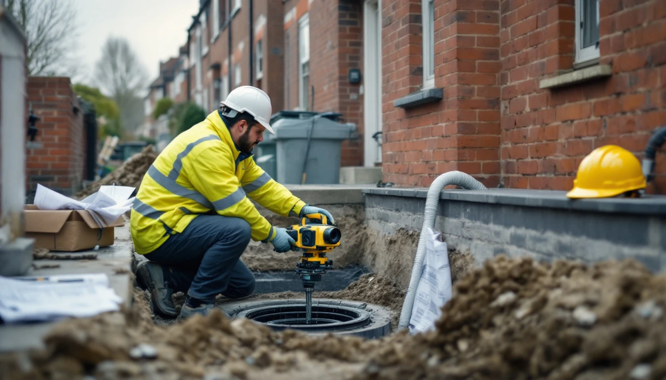 Drainage engineer running a CCTV survey camera into a manhole beside the foundations of a London house extension