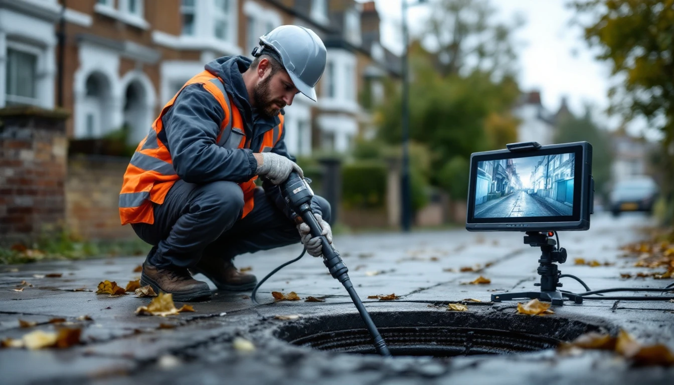 Drainage engineer performing a CCTV drain survey on a London residential street, inspection camera and monitor showing inside of a clay pipe