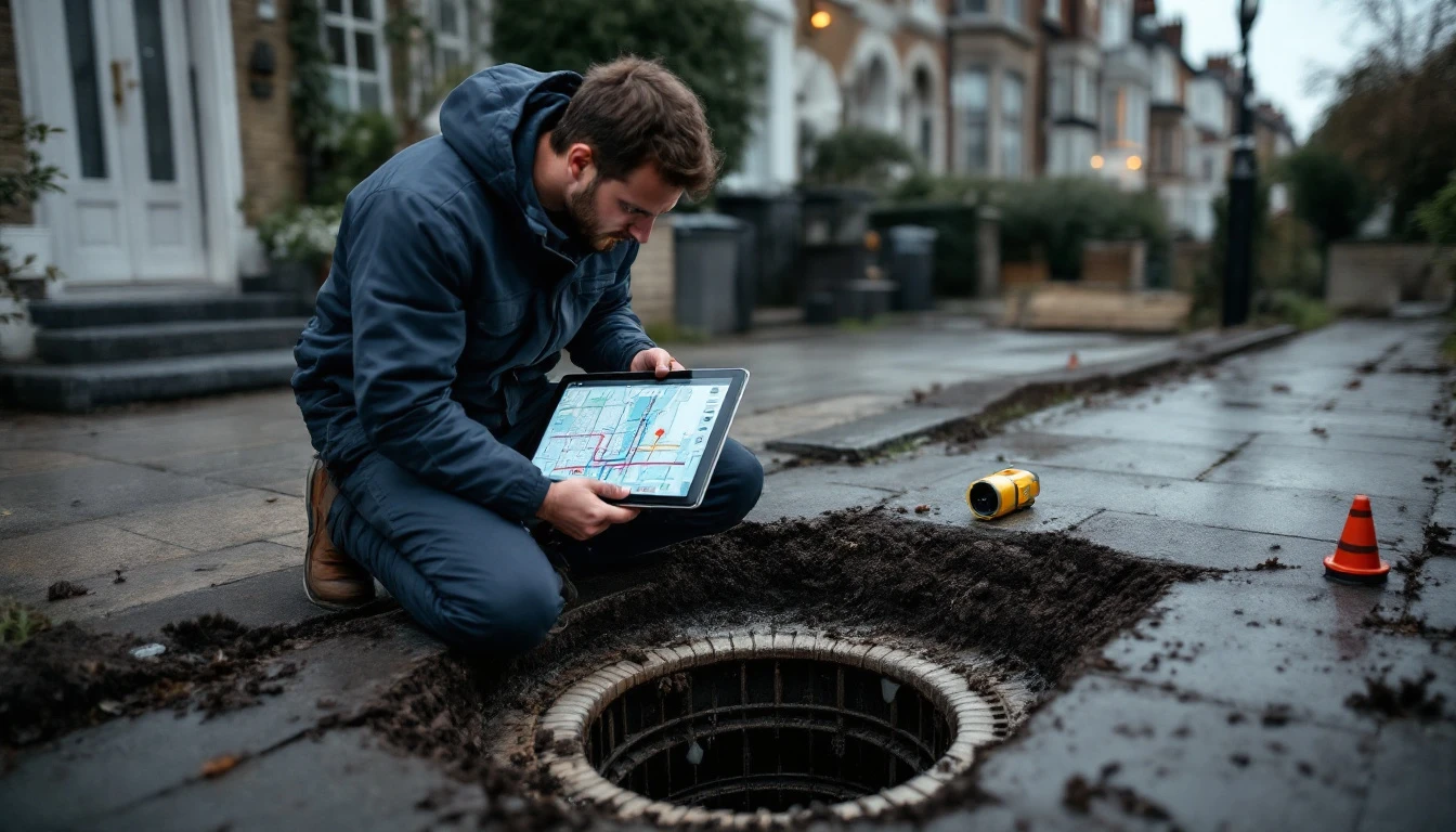 Drainage surveyor with a tablet showing a GPS drainage map beside an open inspection chamber at a London property