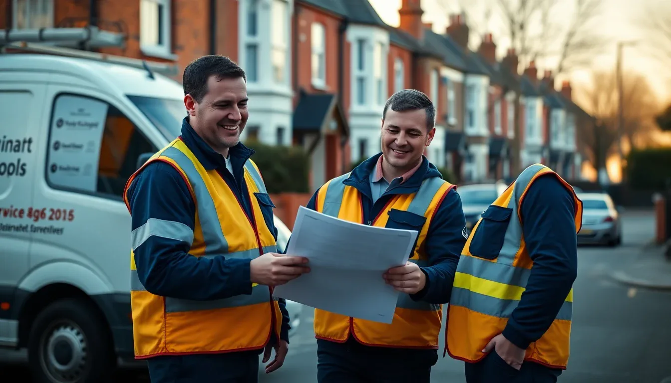 Two professional drainage engineers reviewing survey results beside a branded service van on a London residential street