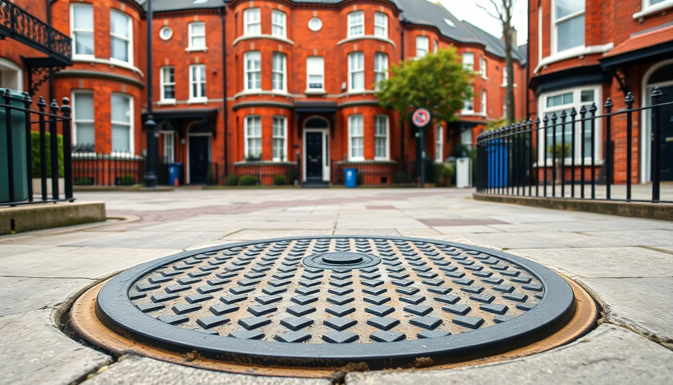 Row of red-brick Victorian terraced houses converted into flats, with a drain access cover set into the front paving