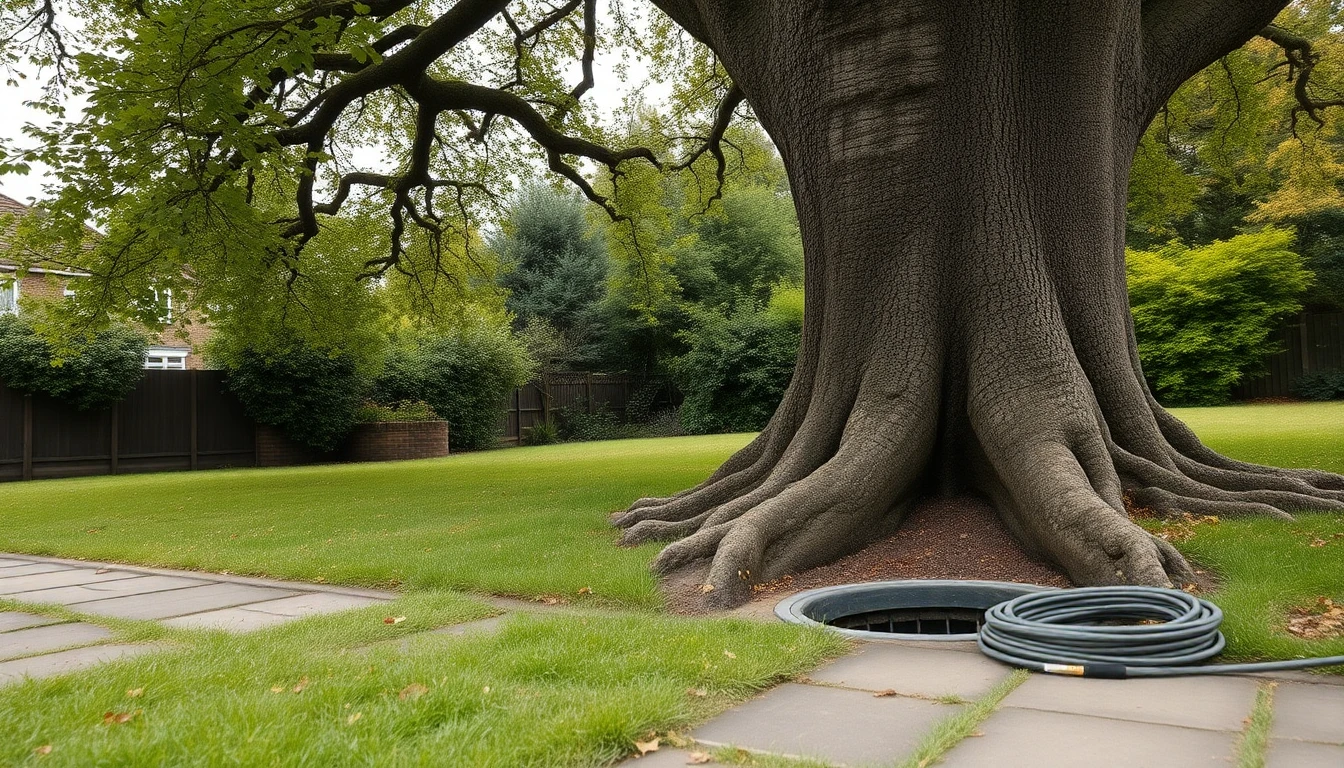 Large tree with exposed roots beside an open drain inspection chamber and coiled rodding cable in a London garden