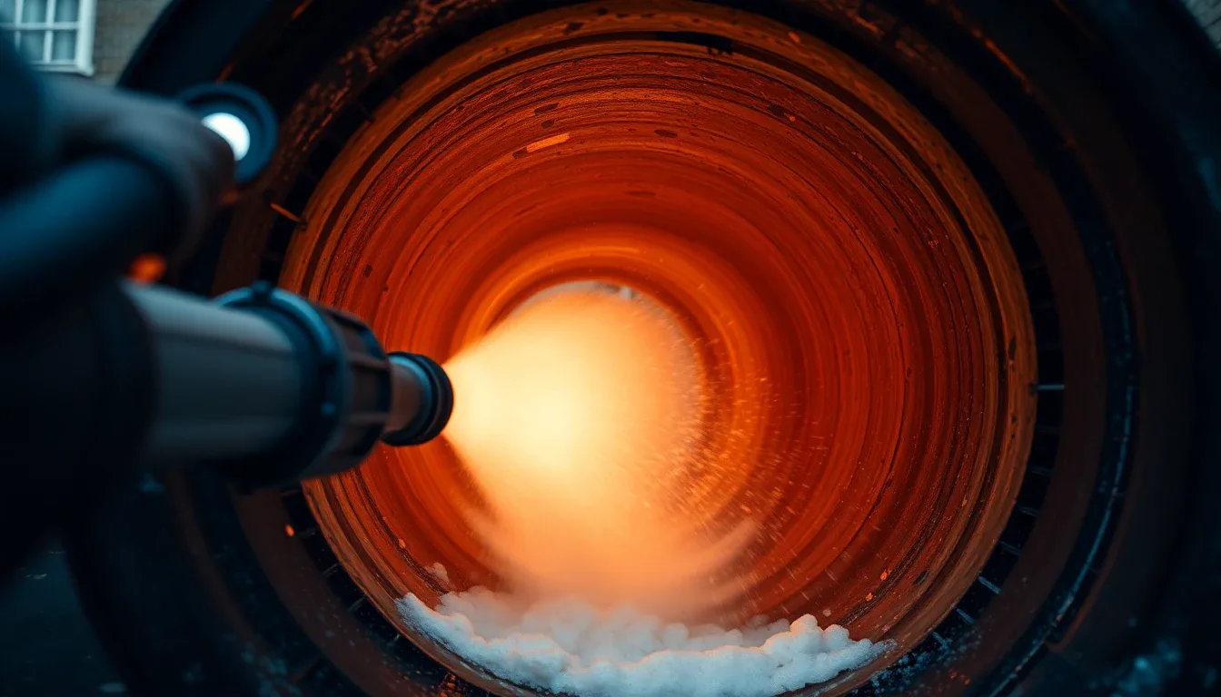 High-pressure drain jetting hose inside an inspection chamber with water blasting through pipes in London
