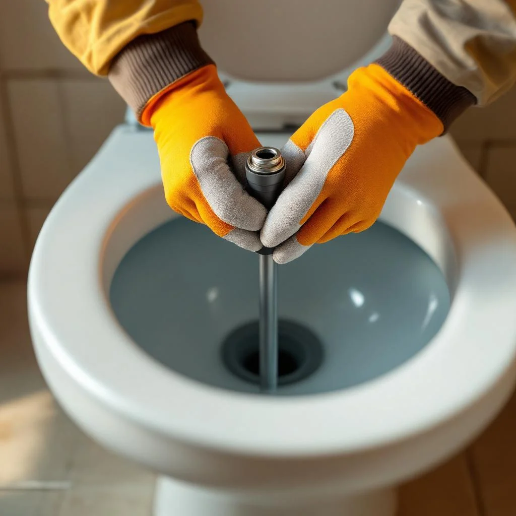 Drainage engineer's gloved hands using drain rod equipment to clear a blocked toilet in a London residential property